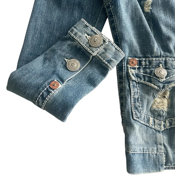 True Religion Distressed Moto Blue Denim Women's Jacket Size Small - Picture 4 of 8